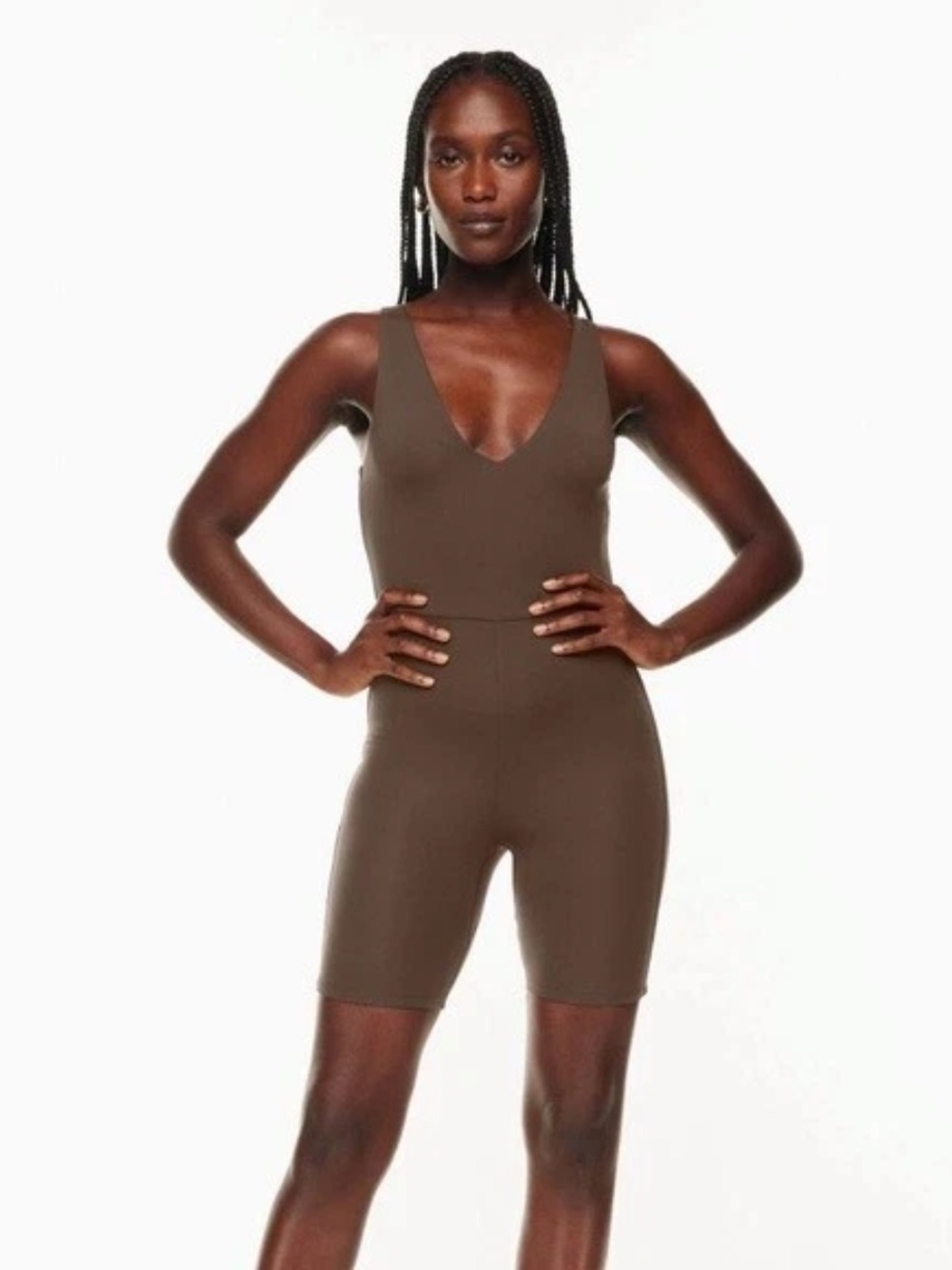 Babaton Aritzia Contour V-Neck Romper Shorts Brown S Athletic Yoga Pilates Gym